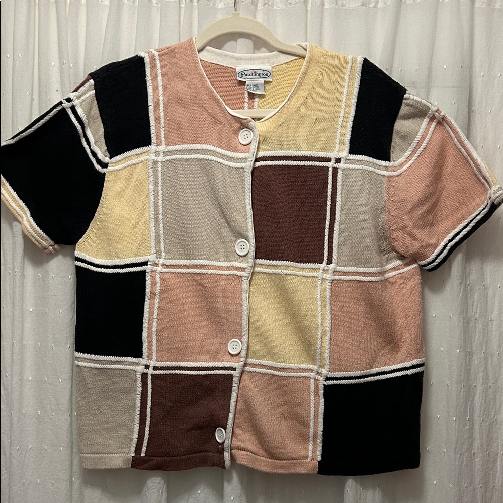 Vintage Sweater Women’s Large Patchwork Knit Boxy Cardigan Collegiate Preppy